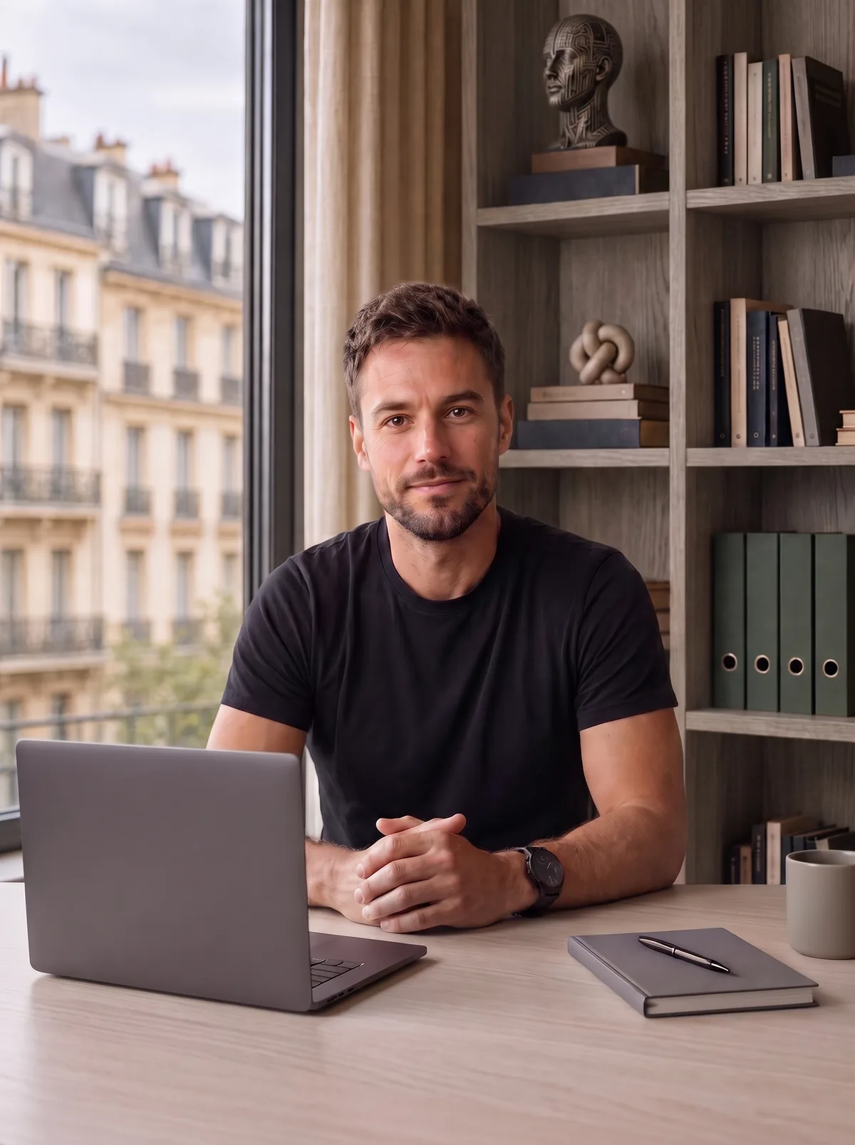 Ben, Kompagno’s AI avatar, at his desk in front of a wall of shelves and an old-town window