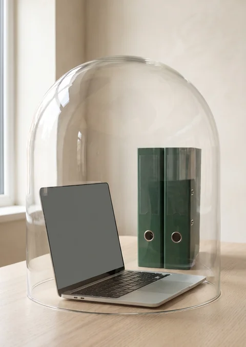 Moss-green folders and a laptop under a glass dome